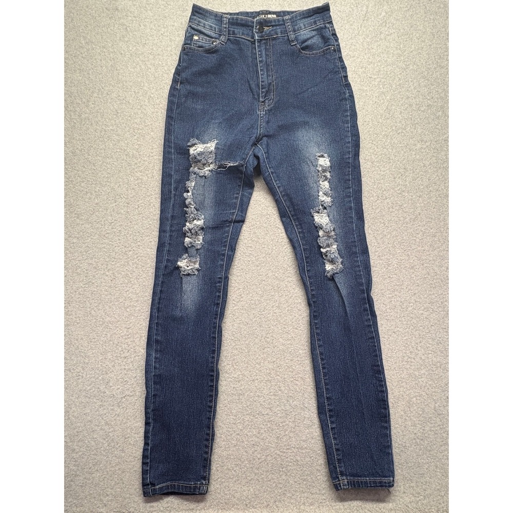 Fashion NovaWomen S-9 Distressed High Rise Skinny Jeans Dark Wash Ripped Denim